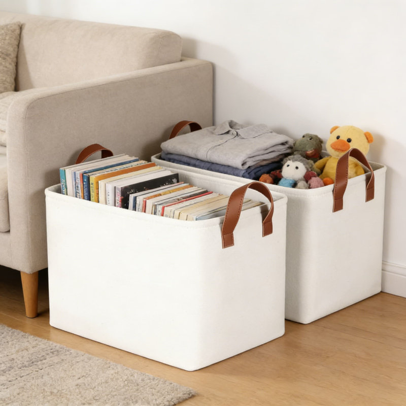 Fabric Storage Baskets With Leather Handles For Organization, Sturdy Metal Frame And Fiberboard Bottom, Versatile Shelf And Closet Organizer Bins, 4-Pack