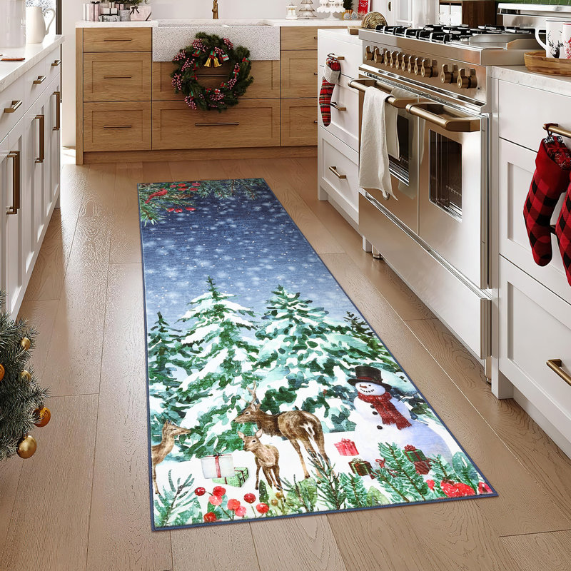 Washable Christmas Area Rug Non-Slip Christmas Tree Reindeer Snowman Floor Rug, Foldable Low Pile Bedroom Carpet, Holiday Decorative Indoor Mats for Living Room, Nursery