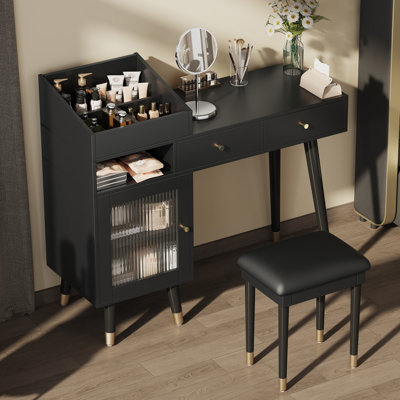 Ensemble de coiffeuse moderne avec tiroirs, armoire et port de charge, ensemble de coiffeuse avec tabouret pour petits espaces, noir