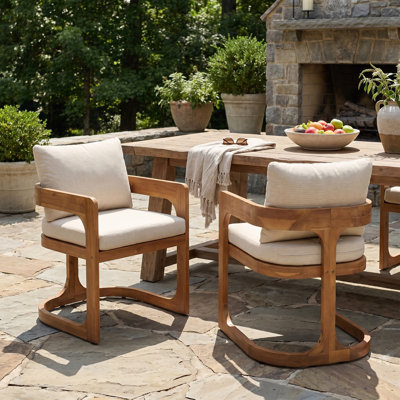 Jameston Mid-Century Modern Acacia Wood Outdoor Dining Chair with Curved Arm Frame and Removable Cushions for Patio, Garden & Deck