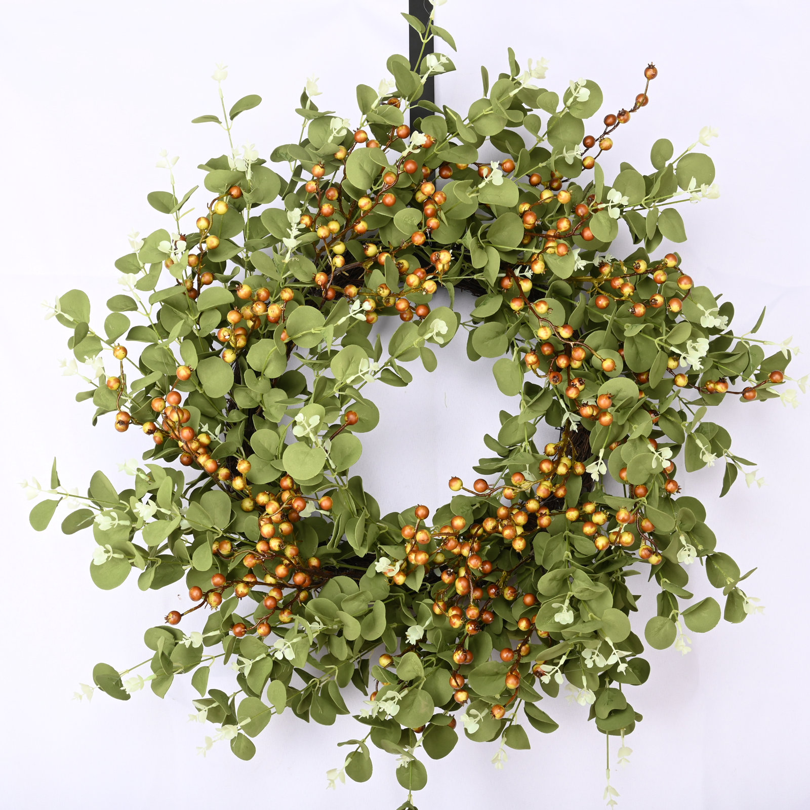 24" Handcrafted Faux Eucalyptus Berry Wreath for Front Door, Brown/Green