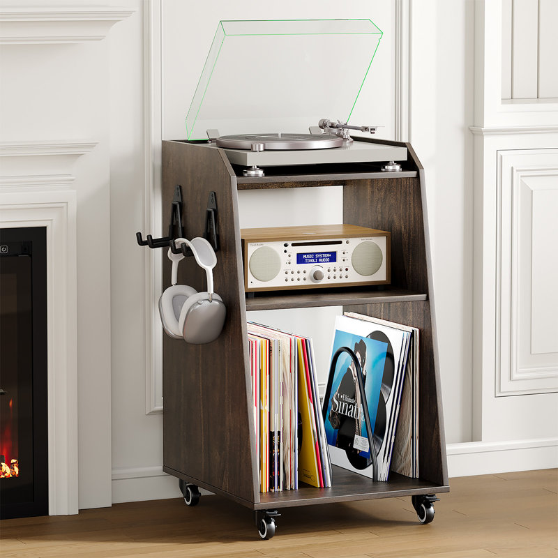 Support pour tourne-disque avec rangement pour le salon, la chambre à coucher, le bureau, la table avec table tournante avec tablette de rangement ouverte et support audio