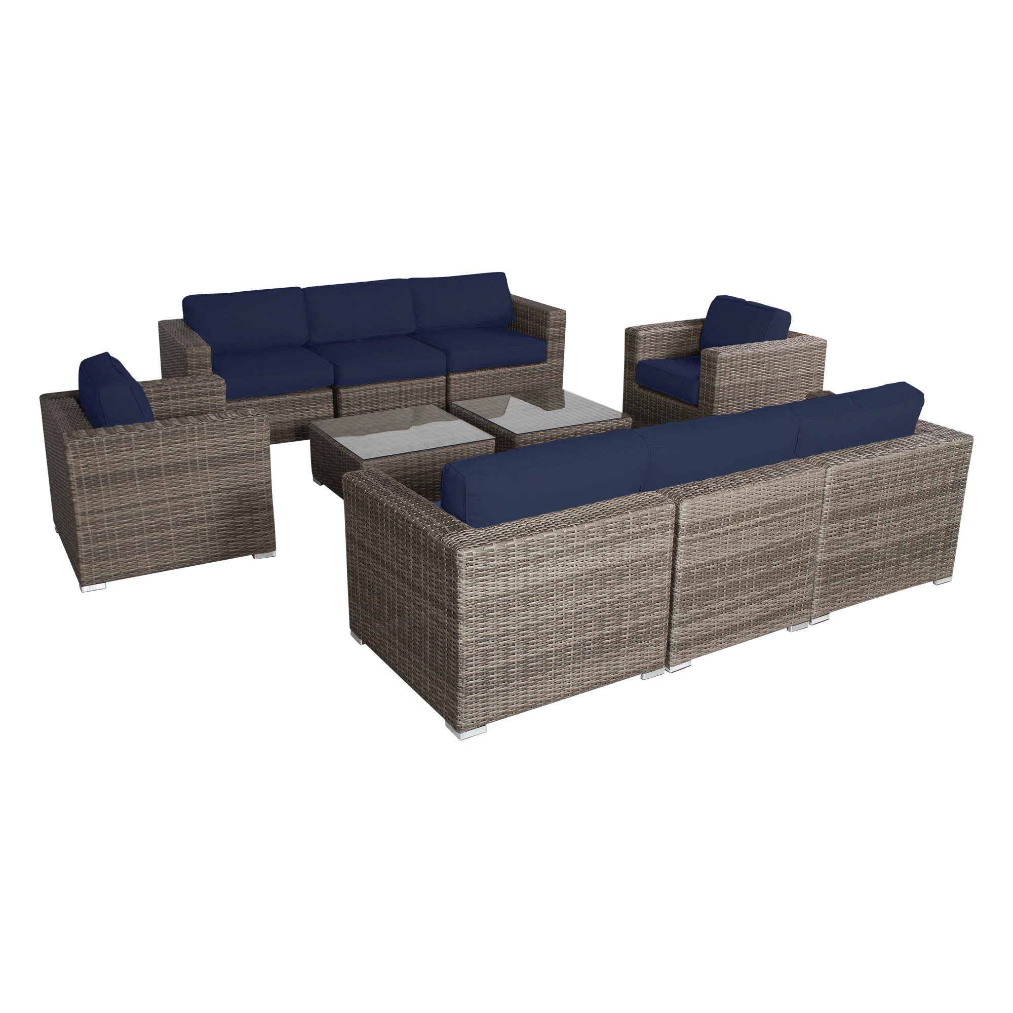 Franke Wicker 8 Person Seating Group, Mixed Gray, Canvas Navy Sunbrella® Canvas