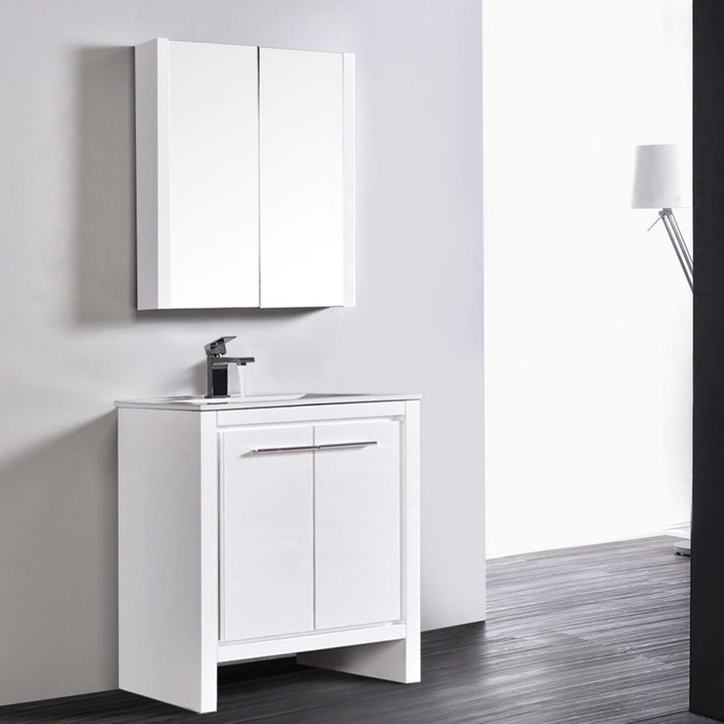 Ensemble de meuble-lavabo pour salle de bain simple 30 po avec miroir Artemis, Blanc lustré