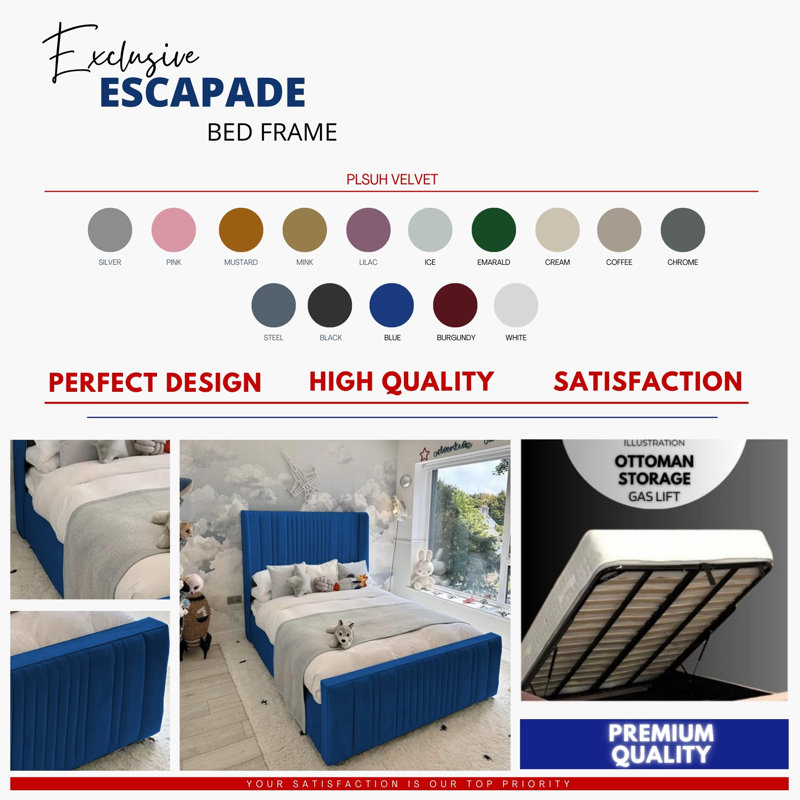 Monai Bed - Wingback Ottoman Storage with Plush Velvet Gas Lift and Headboard, Blue