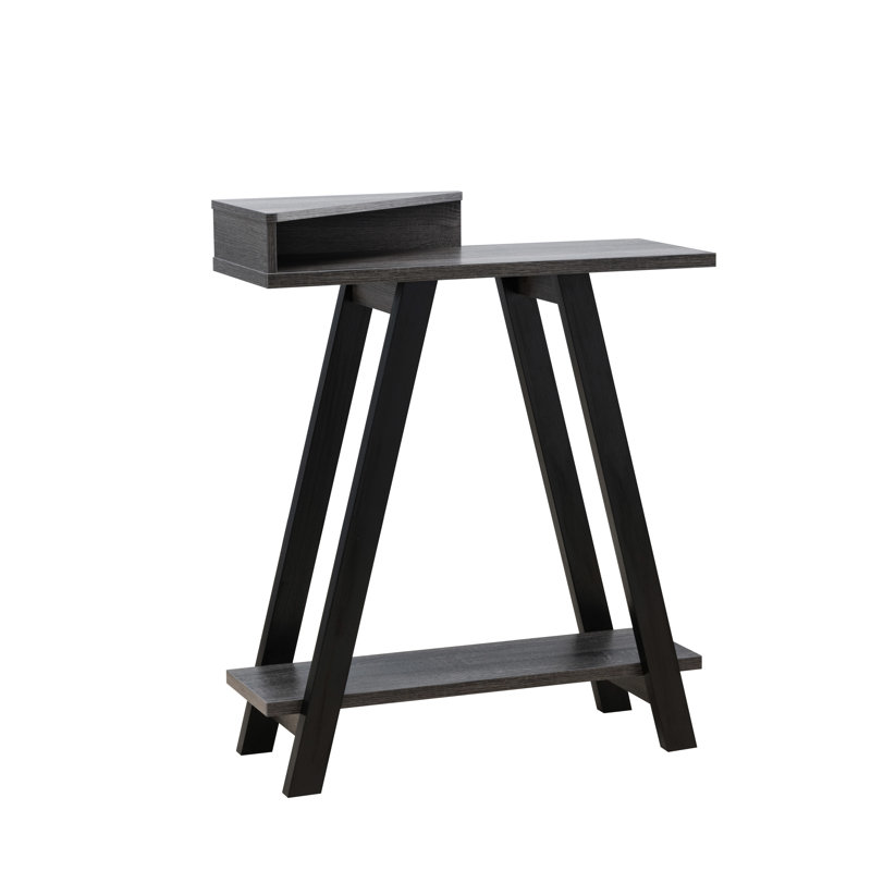 Console contemporaine noire et grise avec 2 tablettes, pieds en forme de A, bureau spacieux, rangement supplémentaire, capacité de tablette de 10 lb, matériau en panneau de particules, finition à deux tons, espace en forme de A, extra