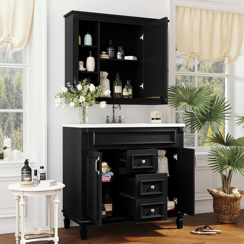 Ensemble de meuble-lavabo et d'armoire murale avec lavabo supérieur, 2 portes à fermeture douce et 2 tiroirs