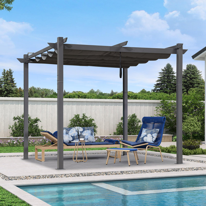 PURPLE LEAF 10' x 10' Outdoor Retractable Pergola White Heavy-Duty Aluminum Pergola Patio Metal with Double Sun Shade Canopy for Gardens Deck Backyard, Gray