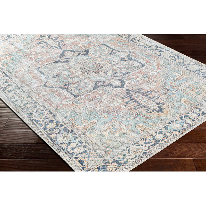 Hodnett Oriental Blue/Ivory Machine Washable Area Rug, Rectangle 7'6" x 9'6"