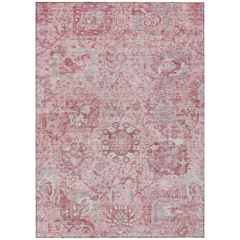 3' X 5' Pink And Gray Damask Washable Indoor Outdoor Area Rug