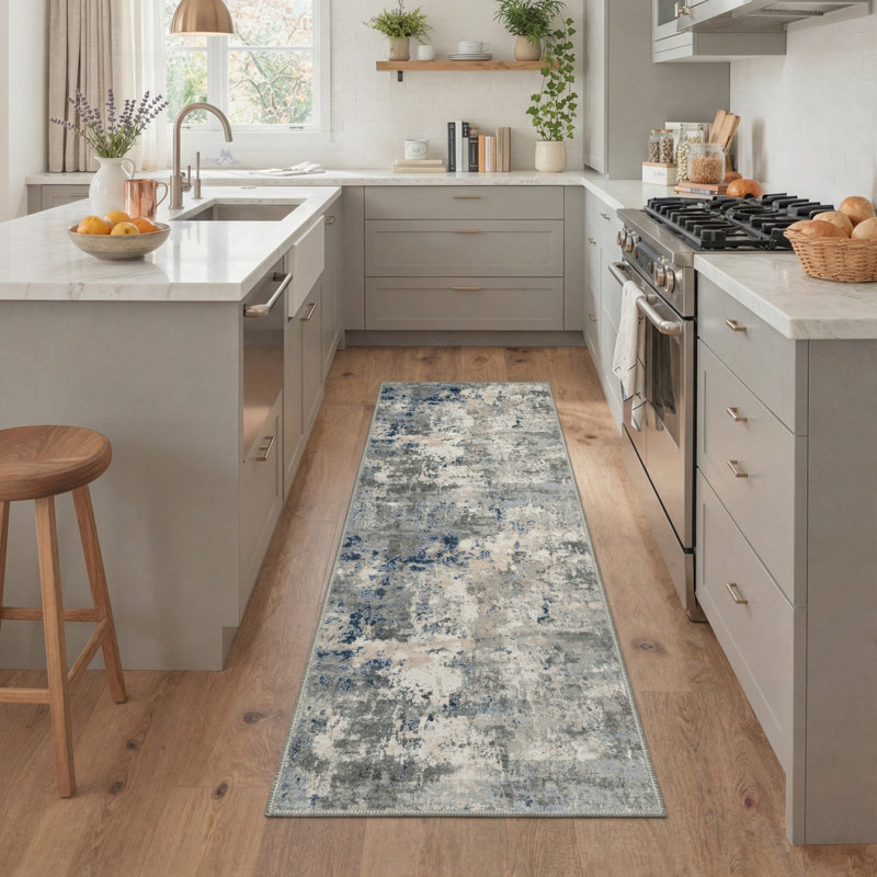 Aastha Modern Abstract Machine Washable Navy Blue/Charcoal Grey/Beige Indoor Area Rug with Non-Slip Backing, Runner 2'6" x 8'