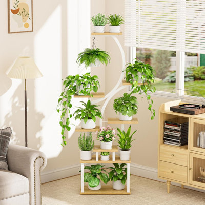 Support pour plante de 51 po avec lumières de culture, étagère d'intérieur à 8 niveaux avec support à fleurs plus grand, conception tubulaire courbée, 3 modes d'éclairage, support à plante d'angle pour le salon, brun rustique
