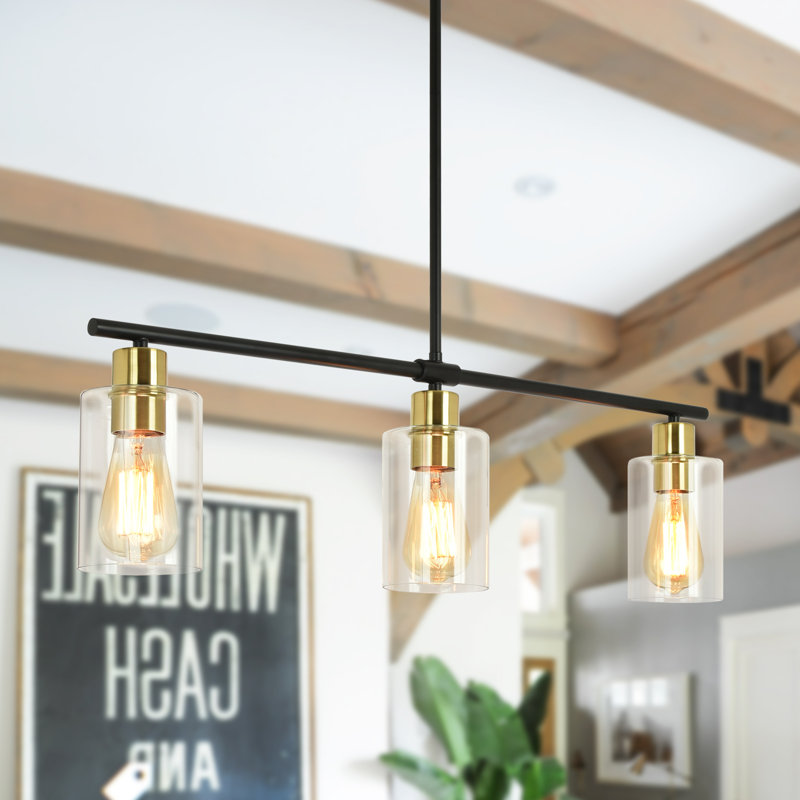 Delmis 3 - Light Kitchen Island Pendant Rustic Linear Chandelier with Clear Glass Shades, Black/Gold