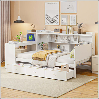 Lit de jour en bois avec 3 tiroirs, ports USB et bureau