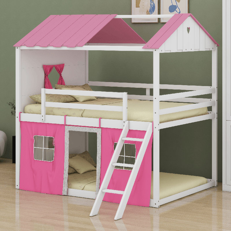 Lit superposé en bois avec fenêtres élégantes, Rose/Blanc