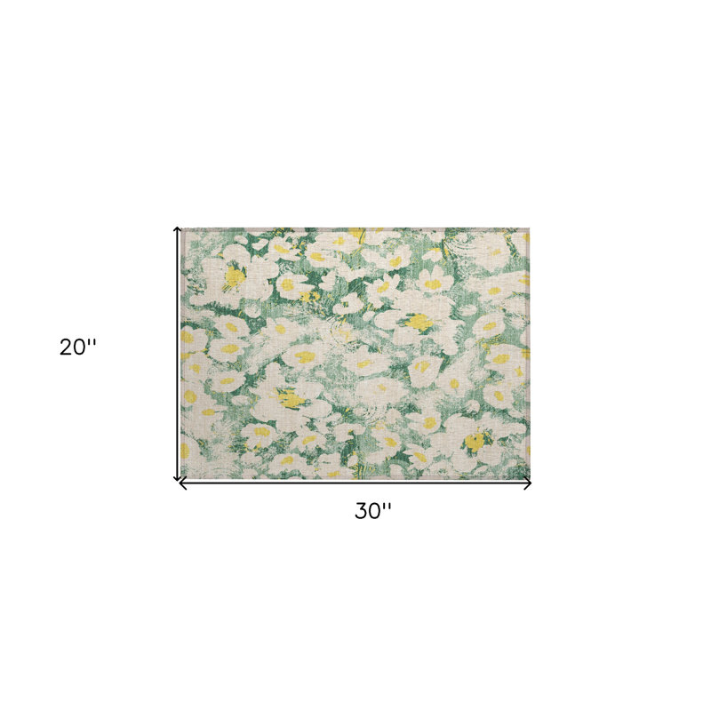 2' X 3' Green Floral Washable Non Skid Indoor Outdoor Area Rug