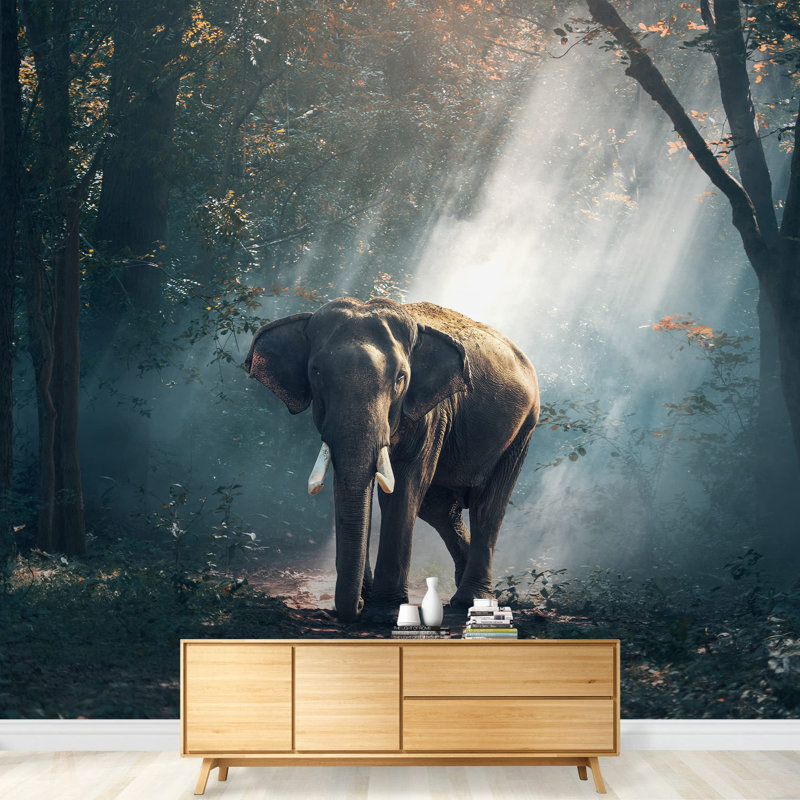 Grand papier peint adhésif amovible Elephants in The Forest, L 100 po x l 144 po