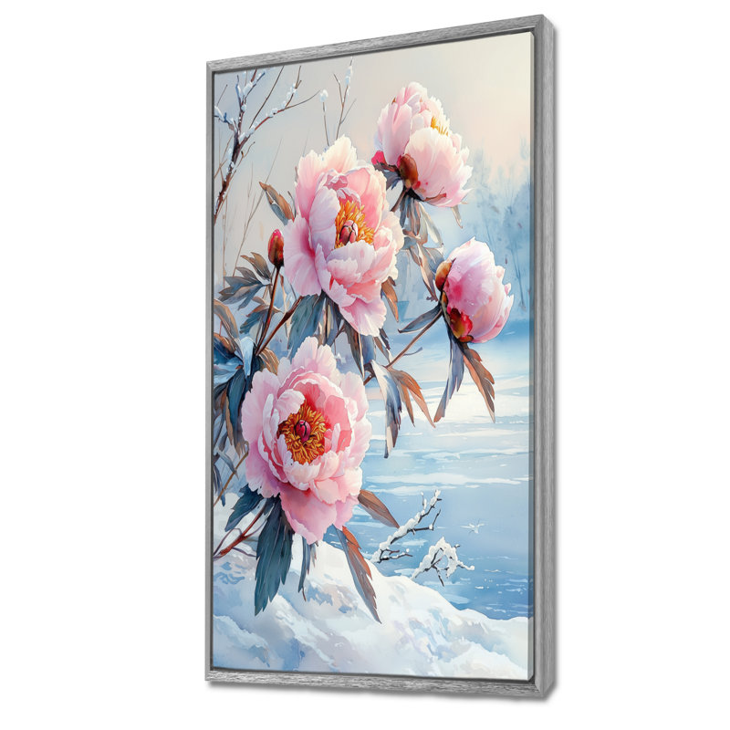 Pe pivoines près du lac gelé II - pivoines, art mural encadré, H 60 po x l 28 po, Impression encadrée sans passe-partout