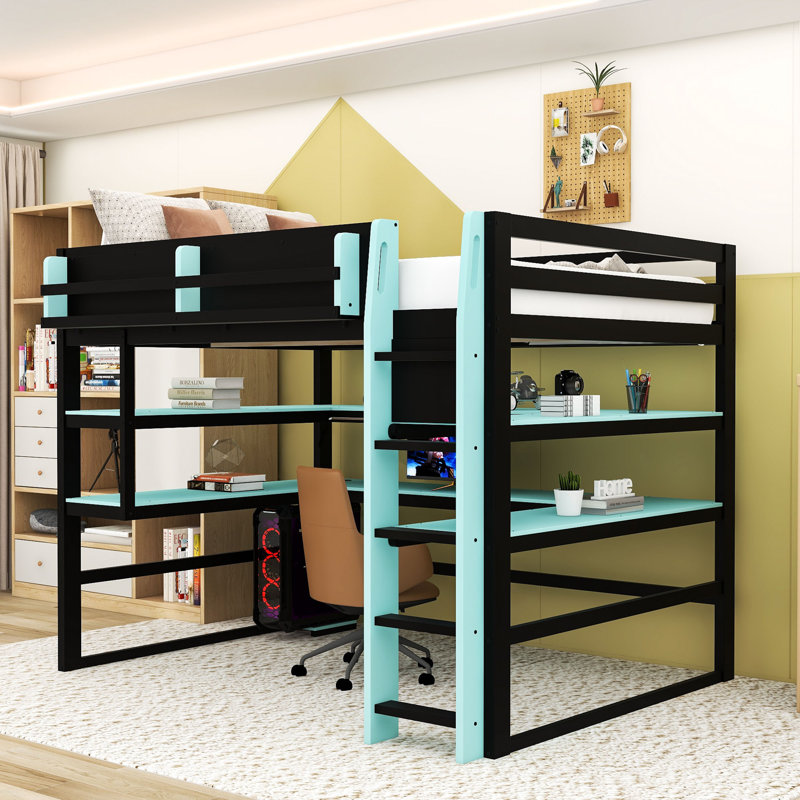 Lit mezzanine avec bureau, lumières RVB, support de rangement latéral et tablettes multiples, Double, Bleu nuage