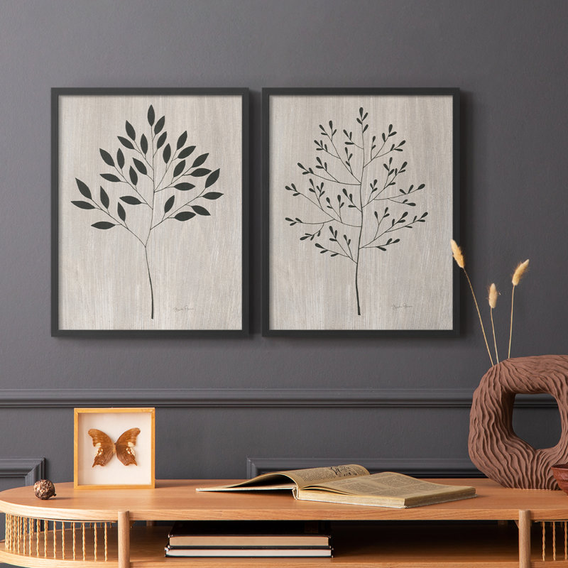 Feuilles et bois I - impression encadrée de qualité supérieure - prête à être accrochée - aucun clou requis - aucun clou requis