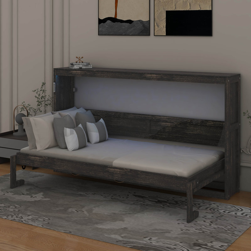 Lit escamotable simple avec lumière DEL, peut être plié dans une armoire, Brun