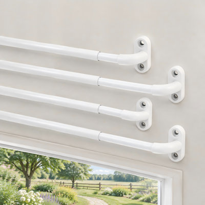 White 4 Pack French-door sash curtain rods adjust from 18-30 Inch with a 3/8" diameter, using a wrap-around cafe-rod design and screw mounting for door windows.