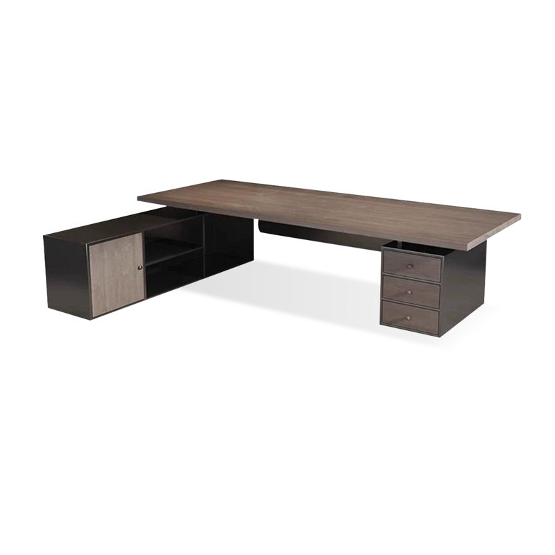 Bureau brun clair + bois massif rectangulaire noir + bureaux en fer, Retour à gauche, H 29,53 po x l 102,36 po x P 35,43 po
