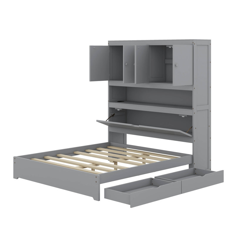 Lit plateforme double en bois avec port USB, tête de lit avec rangement et tiroirs, Gris