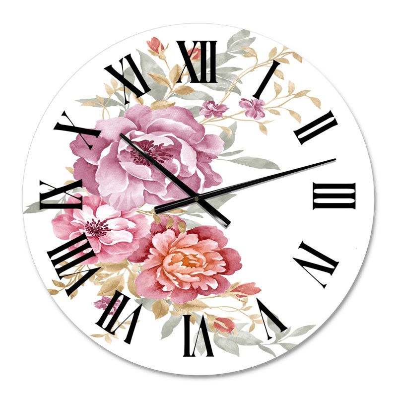 Bouquet de fleurs roses et mauves III - Horloge murale de ferme, Moyen