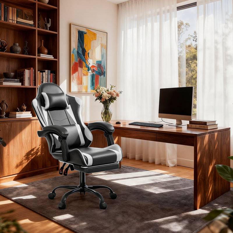 PU Leather Adjustable Gaming Chair, Ergonomic Desk Computer Chair with Headrest, Footrest and Lumbar Support, White