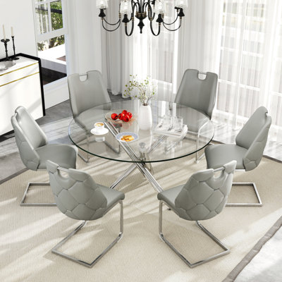 Table de salle à manger ronde en verre trempé, table de salle à manger moderne avec dossier haut en similicuir pour salle à manger