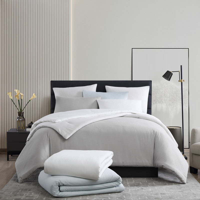 Waffle Pique Standard Cotton Reversible 3 Piece Comforter Set, White, Queen Comforter + 2 Standard Shams