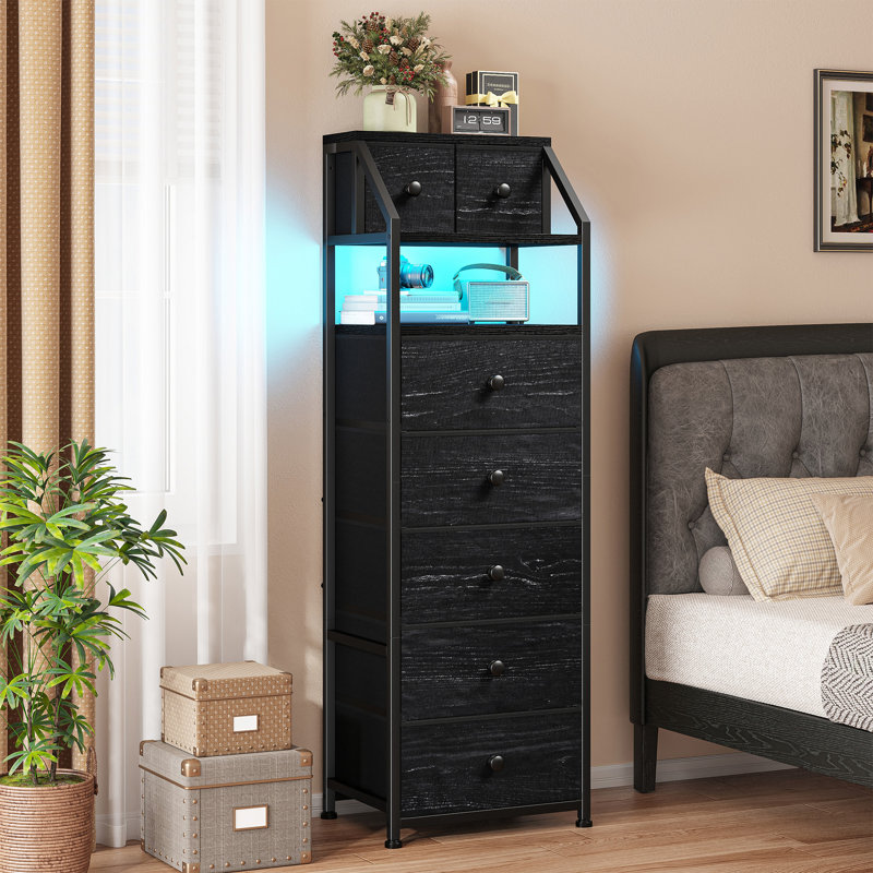 Tall 7-drawer Storage Cabinet With Rgb Led Lighting, Modern Organizer With Open Shelf For Bedroom Living Room,Black, Black