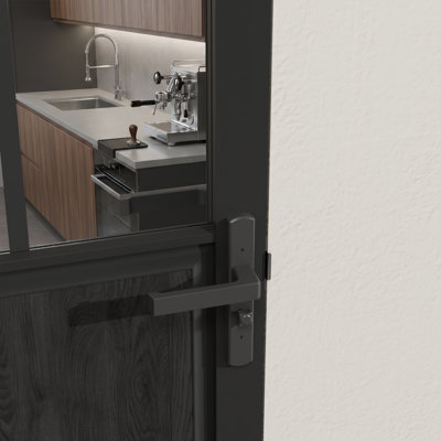 Porte intérieure en aluminium noir mat 32 po × 80 po, panneau supérieur en verre trempé à rayures soyeuses et panneau inférieur en MDF à grain de bois, porte simple à ouverture réversible