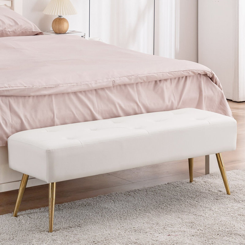Banc de chambre 44 po avec capitonnage en cuir PU, Blanc