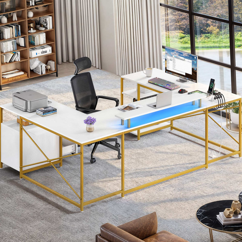 U Shaped Desk with Power Outlets & LED Lights, Reversible Corner Computer Desk with Drawers & Monitor Stand, White/Gold
