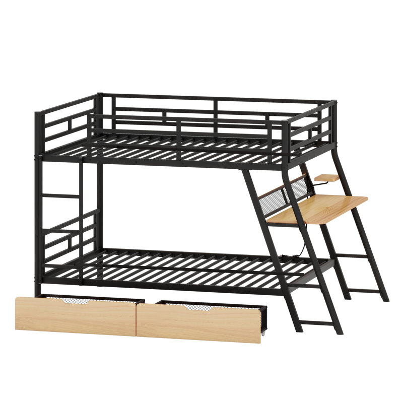 Lit superposé en métal avec bureau intégré, lumière DEL et tiroirs de rangement