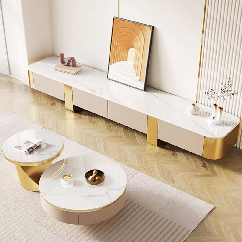 Meuble télé beige 79 po avec fond doré entièrement assemblé pour le salon