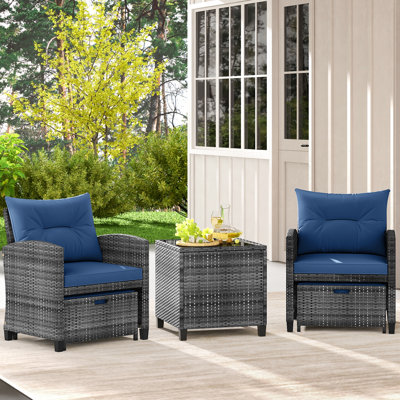 Ensemble de 5 meubles de patio en rotin avec 2 repose-pieds et table basse en verre trempé 