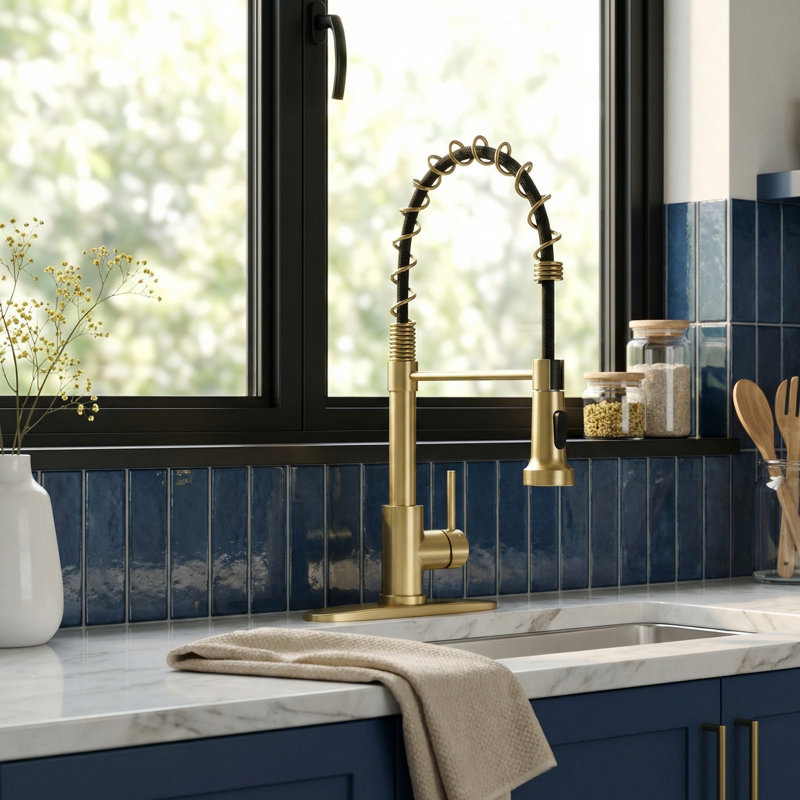 Brushed Golden High Arc Spring Kitchen Faucet with Pull Down Sprayer & 10" Deck Plate | 360° Swivel, Dual Spray Modes (Steam/Spray) for Farmhouse, Bar, RV, Laundry Sink | Fits 1 or 3 Holes, PEX Hose & Easy Install