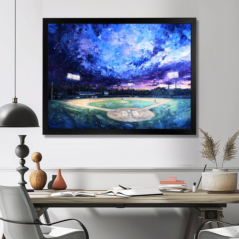Baseball Field At Night III - Sport Baseball, impression d'art mural, H 12 po x l 20 po, Noir