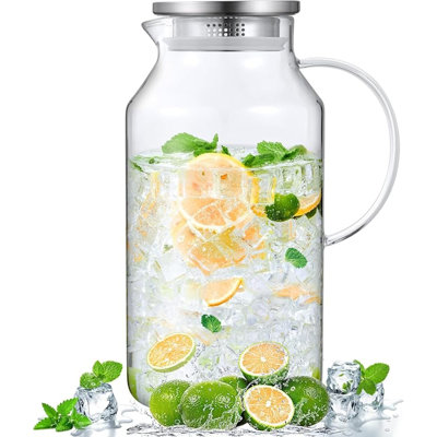 Glass Pitcher With Lid And Spout, Glass Water Carafe For Hot/Cold Water, Iced Tea Pitcher, Large Pitcher For Coffee, Juice And Homemade Beverage