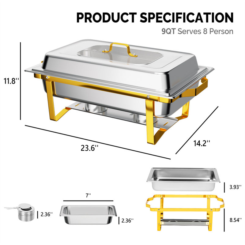 9 QT Chafing Dish Buffet Set with Glass Lid, Folding Frame & 3 1/3 Size Pan