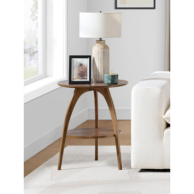 Table d'appoint ronde Mid-Century moderne en bois, table d'appoint brun noyer avec tablette inférieure