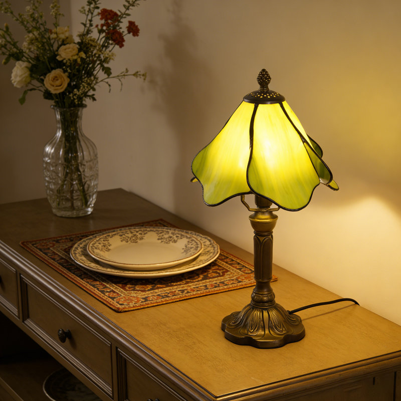 Lampe de table 14 pouces à abat-jour fleur verte en verre de style Tiffany rétro avec ampoule E26