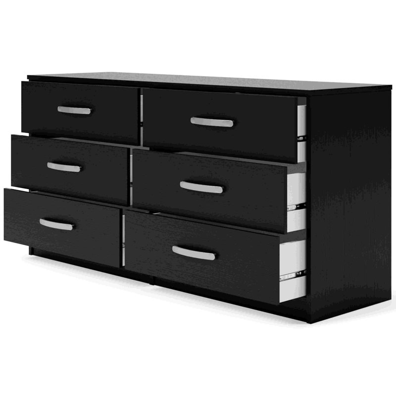 Commode large Finny, poignées en nickel à 6 tiroirs, base de socle, noir mat