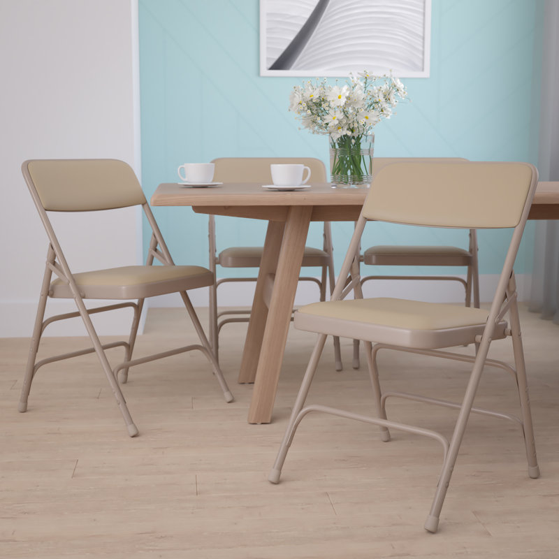 Curved Triple Braced & Double Hinged Upholstered Metal Folding Chair, Beige