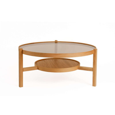 Modern Coffee Table with 100% Solid Wood Base & 100% Tempered Glass Top, 39.4 inches Diameter x 18.9 inches Height | Scandinavian Design in Elegant Oak Finish | Durable & Stylish for Living Room & Lounge Areas