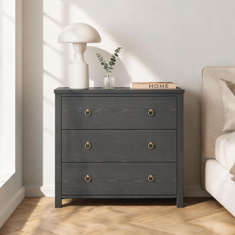 Commode 3 tiroirs moderne noire pour commode de chambre à coucher avec poignées dorées - Armoire de rangement spacieuse 29 po pour garde-robe, salon, couloir ou chambre de bébé - noir