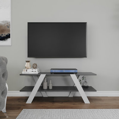 Scandinavian TV Stand, 47.2 x 13.0 x 11.8 Inches, White & Anthracite | 100% Melamine Coated Particle Board, 0.71 Inches Thick | 100% Metal Frame, Wall-Mountable, Multiple Shelves for Modern Living Room Storage
